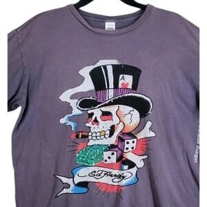 Vtg Ed Hardy Audigier LS T-Shirt Skull Bones Rhinestone Mens XL Gray Distressed